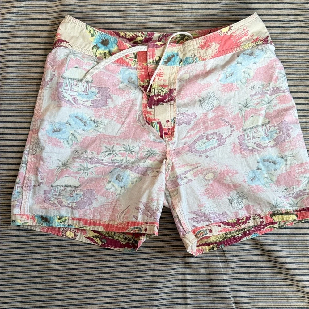 Old Navy Hawaiian Board Shorts Mens Pink Tropical Postcard Print Size 2 - Picture 6 of 10